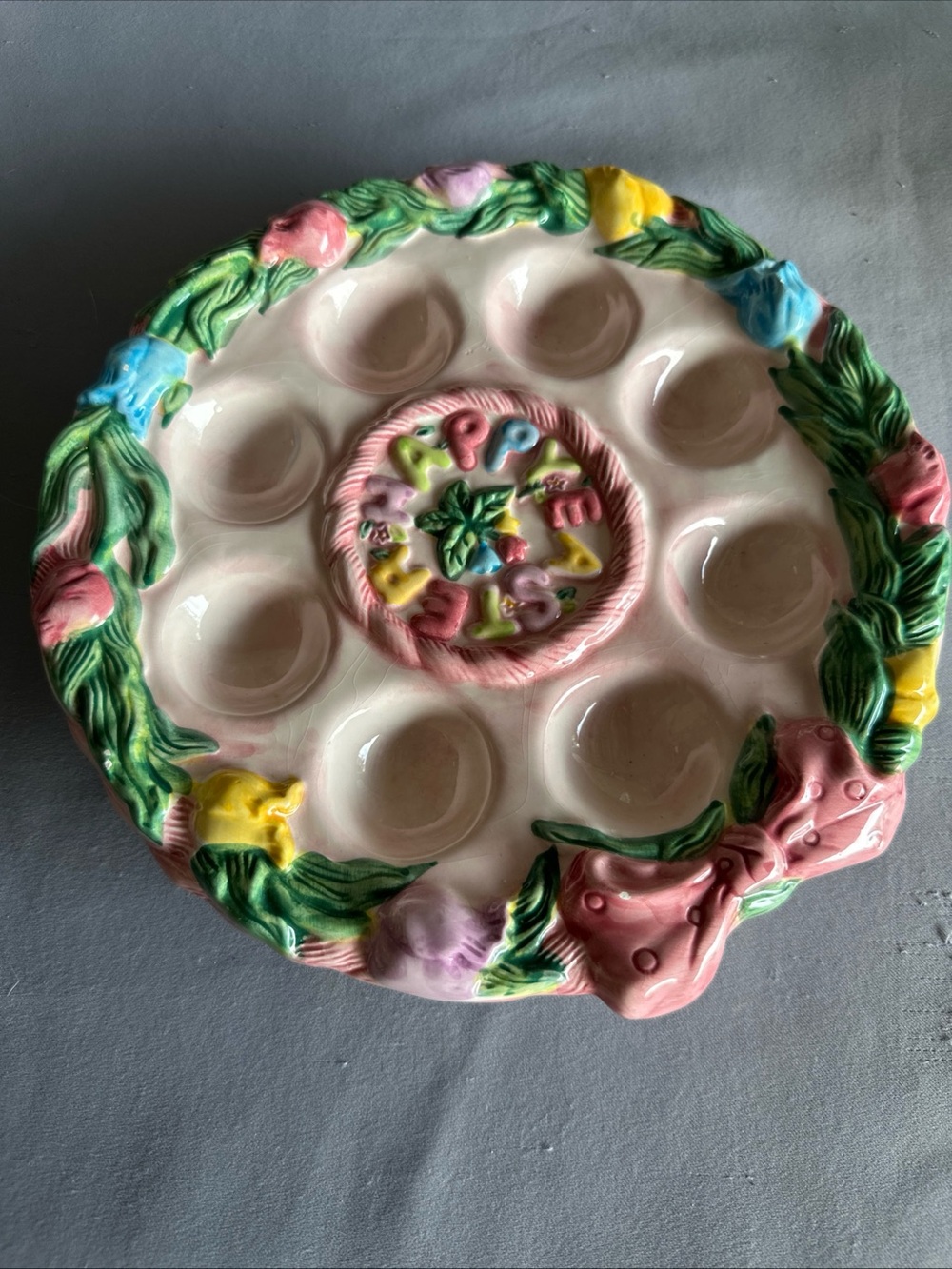 Pastel Floral Ceramic Egg Platter with Bow Accent